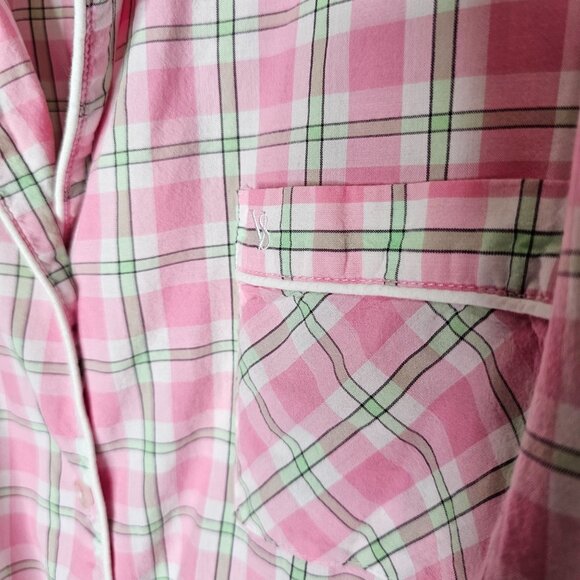 Y2k Victoria's Secret S Sleep Dress Pink Green Plaid Preppy Long Sleeve Button - Picture 2 of 5